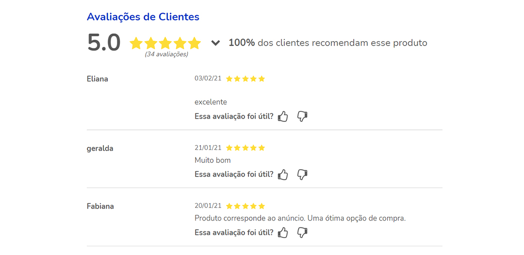 Avaliações de clientes no site das Casas Bahia