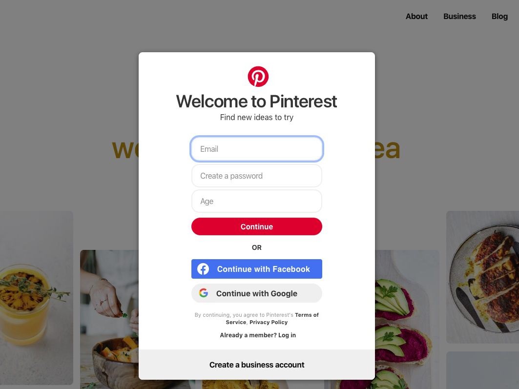 Tela para criar uma conta business exclusiva no Pinterest