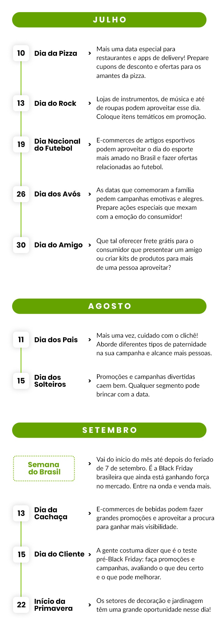 Calendário comercial de julho, agosto e setembro de 2024