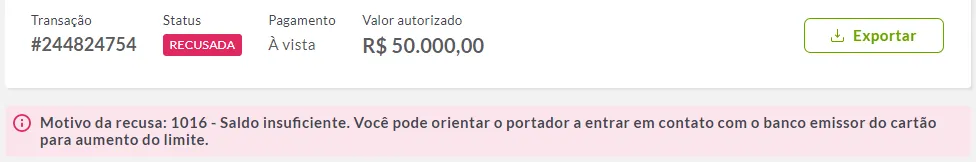 Motivo de recusa de pagamento no Dashboard Pagar.me
